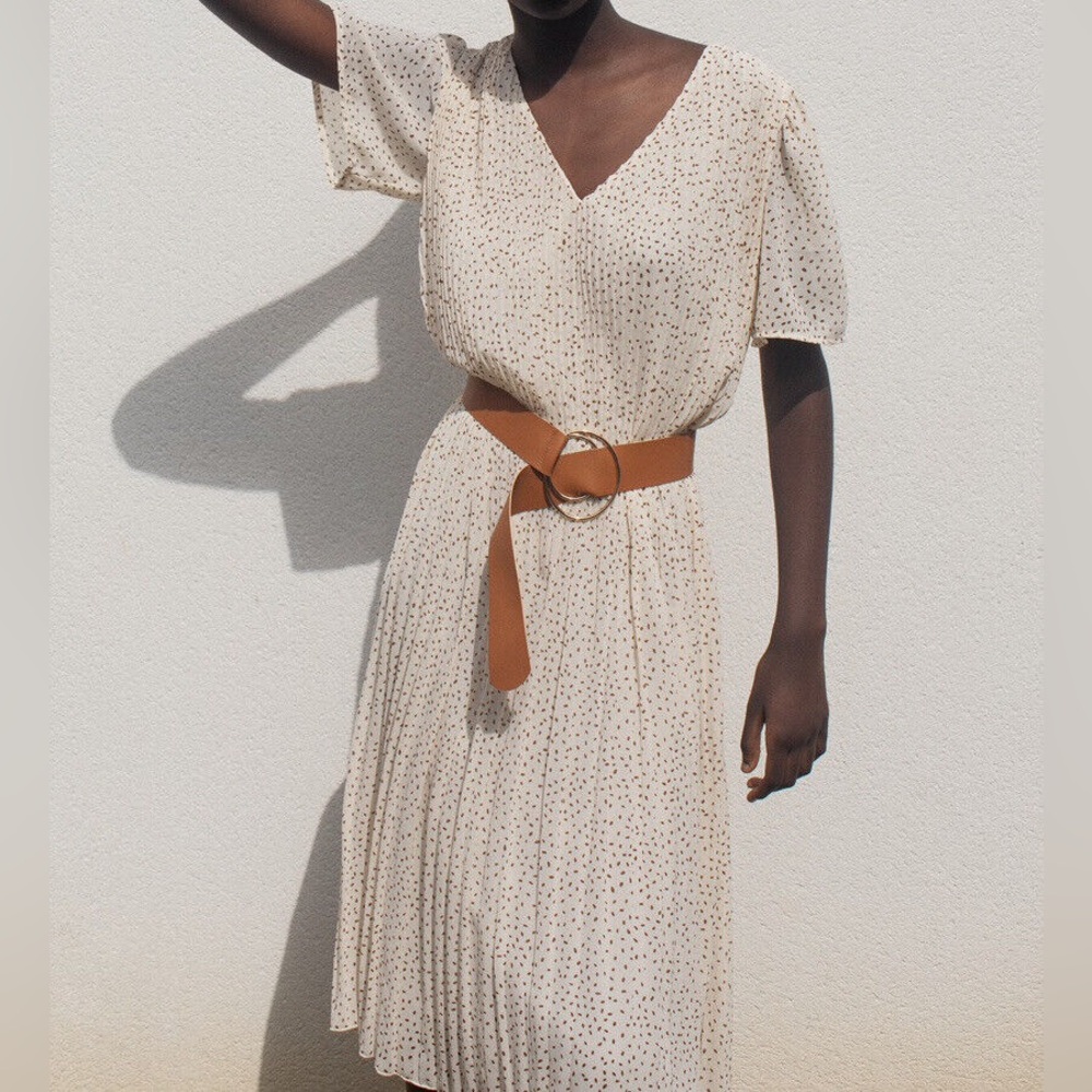 Zara | Cream Polka Dot Pleated Midi Dress | V-Neck Flowy Summer Dress | Size S